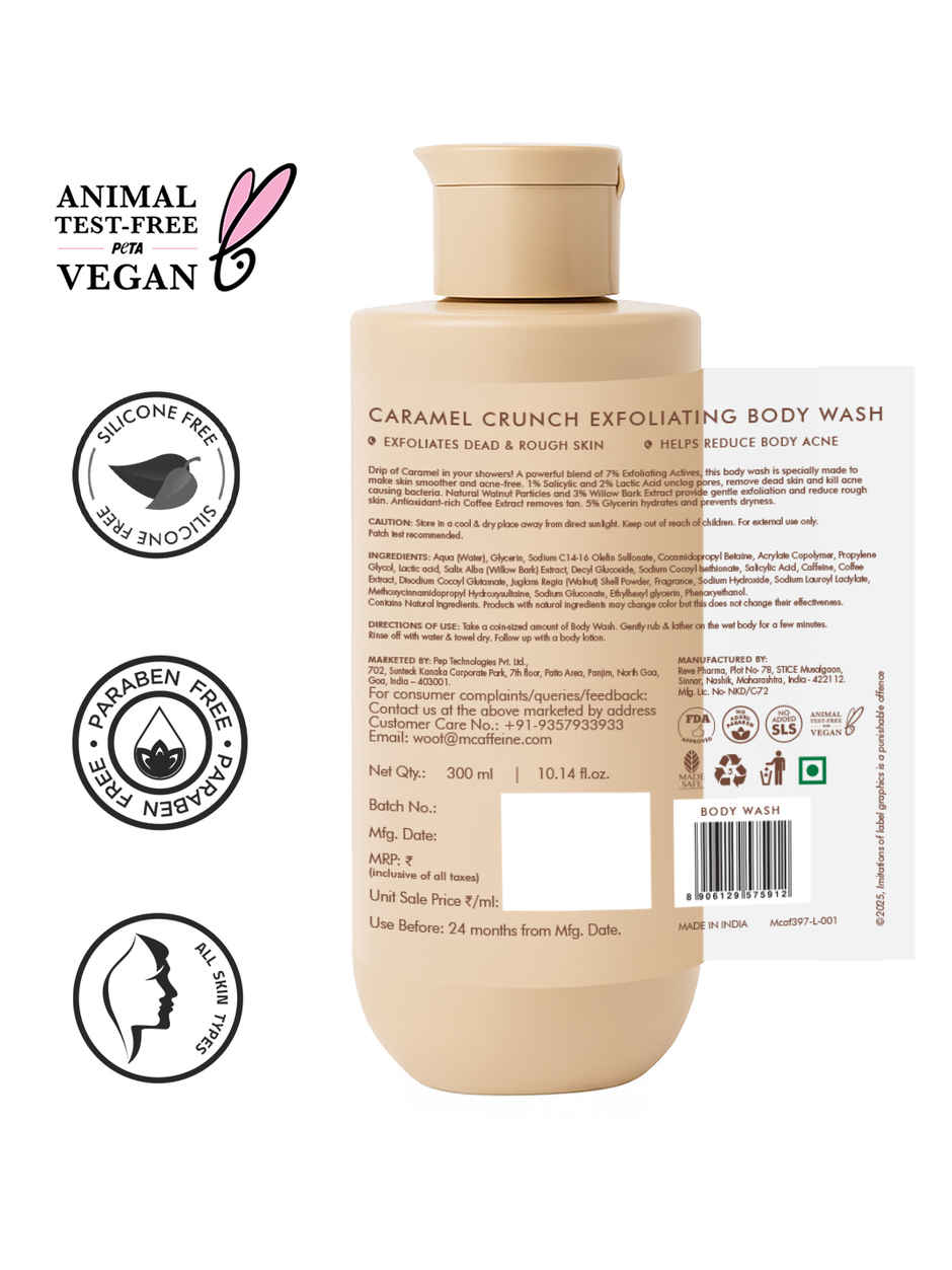 Mcaffeine Caramel Crunch 7% Exfoliating Body Wash with 1% Salicylic 2% Lactic Acid for Body Acne