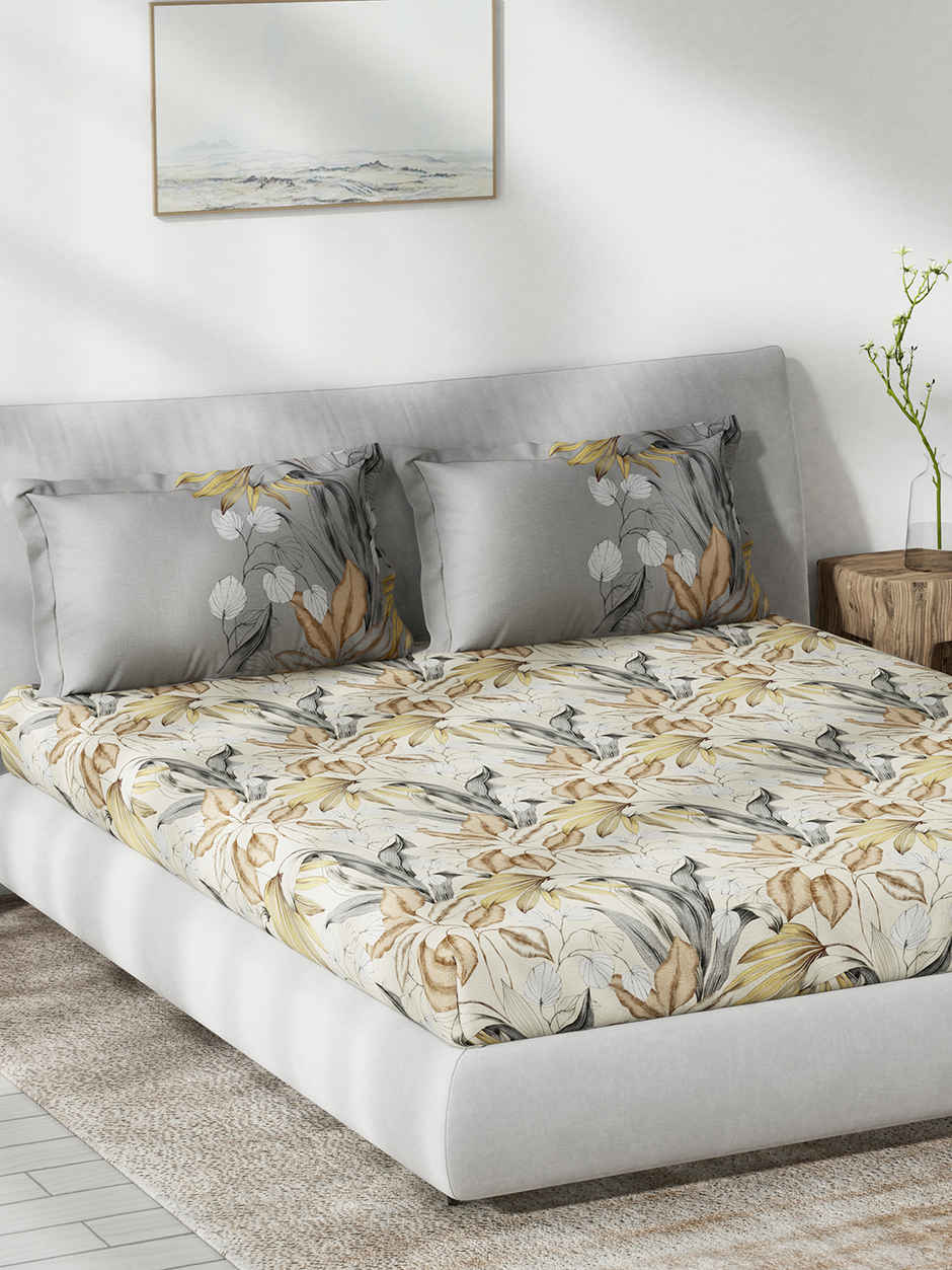 DDecor Cotton King Flat Bedsheet | 2 Pillow Covers | Yellow & Grey