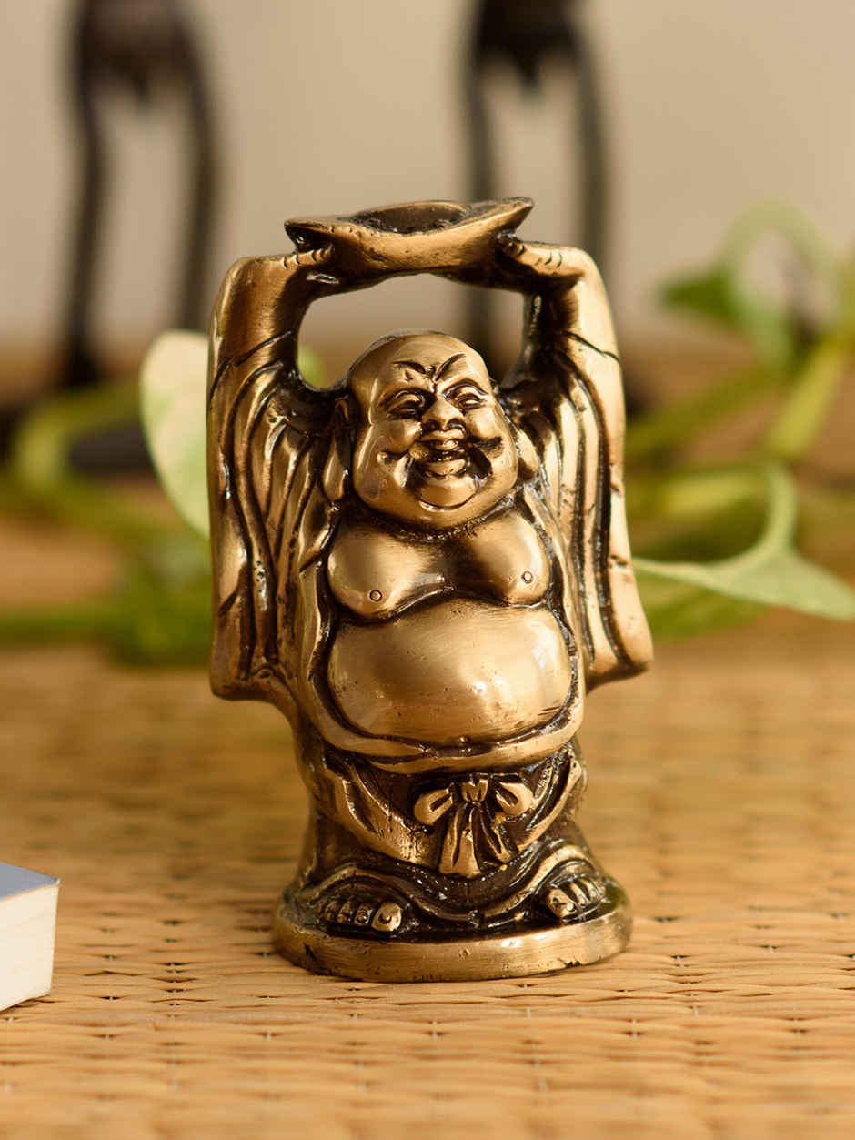 eCraftIndia Exquisite Brass Laughing Buddha Statue Holding Gold Ingot