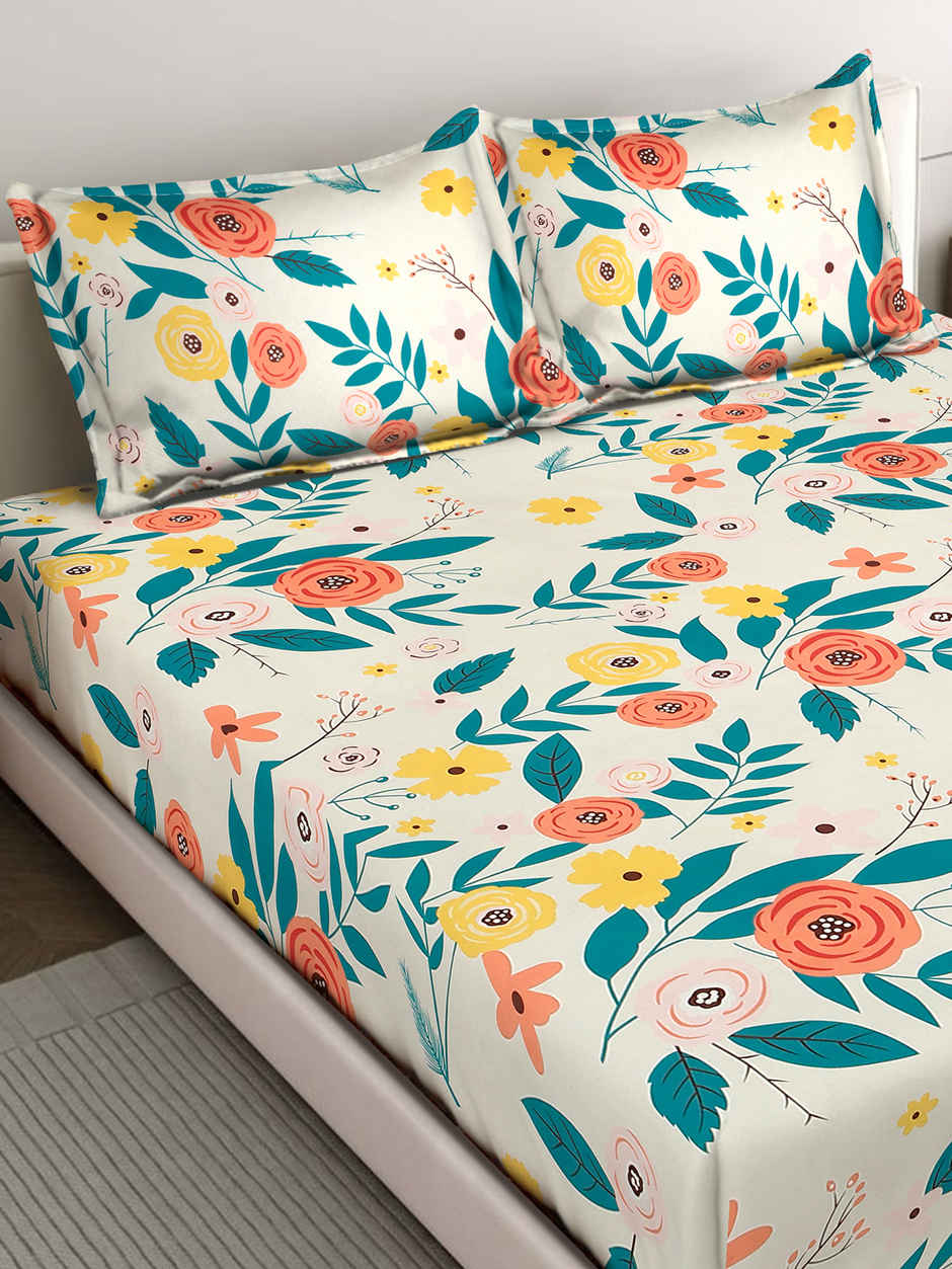 Status Imperial Corner Fitted Bedsheet | Coral Bloom & Teal | 198 x 182 cm