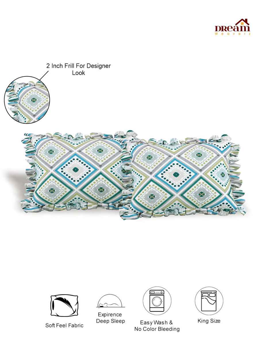 DREAM WEAVERZ Elastic Fitted Double Bedsheet | 2 Frill Pillow Covers | Polycotton | Green