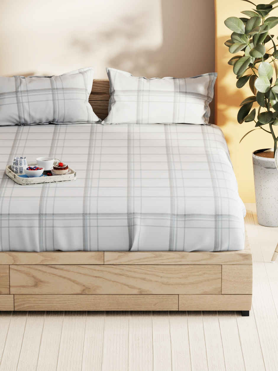 Bianca Soft 100% Natural Cotton Double Bedsheet With 2 Pillow Covers | Laquasa Checks | Stone