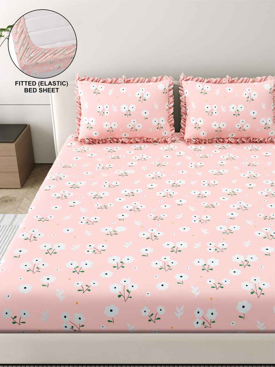 DREAM WEAVERZ Elastic Fitted Double Bedsheet | 2 Frill Pillow Covers | Polycotton | Baby Pink