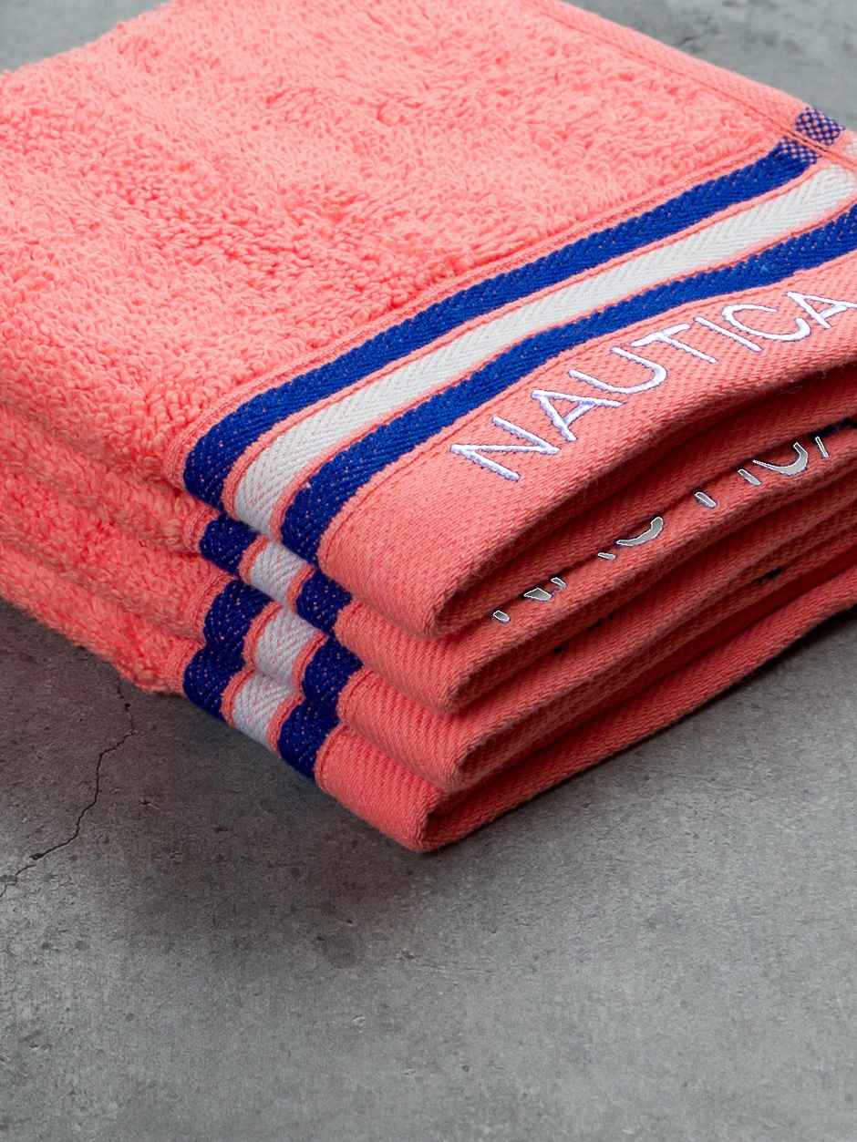 Nautica Super Soft Zero Twist 100% Cotton Towel -4pc Face Towel | Vintage Crew Stripe Solid-Coral