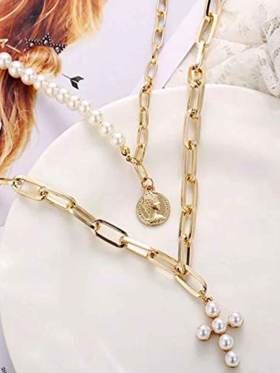 YouBella Latest Design Trendy Multi Layer Necklace Gold Plated Multi Strand for Women (YBNK - 5786)
