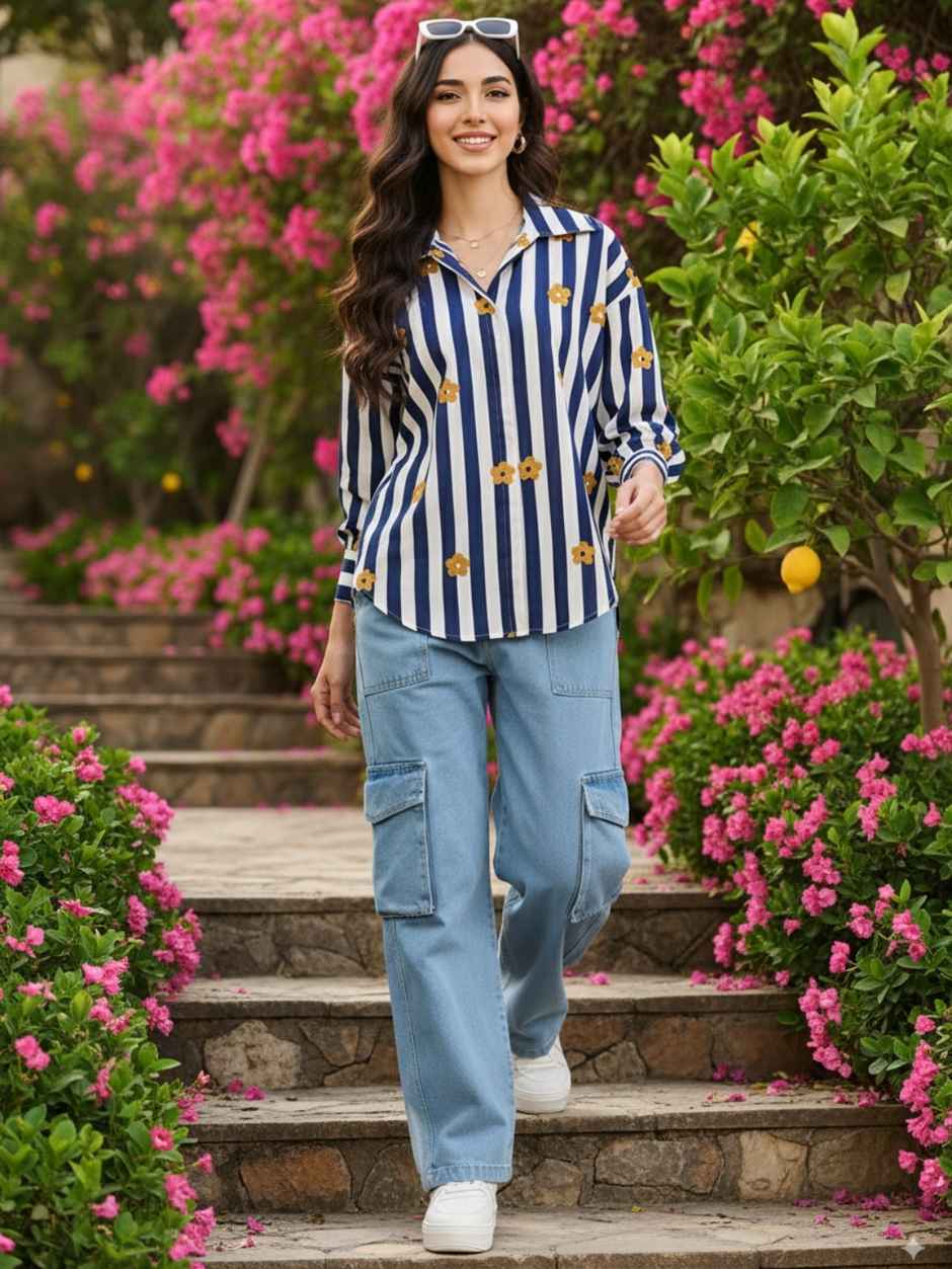 Uptownie Women's Printed Asymmetrical Cotton Shirt | Navy Blue - XL