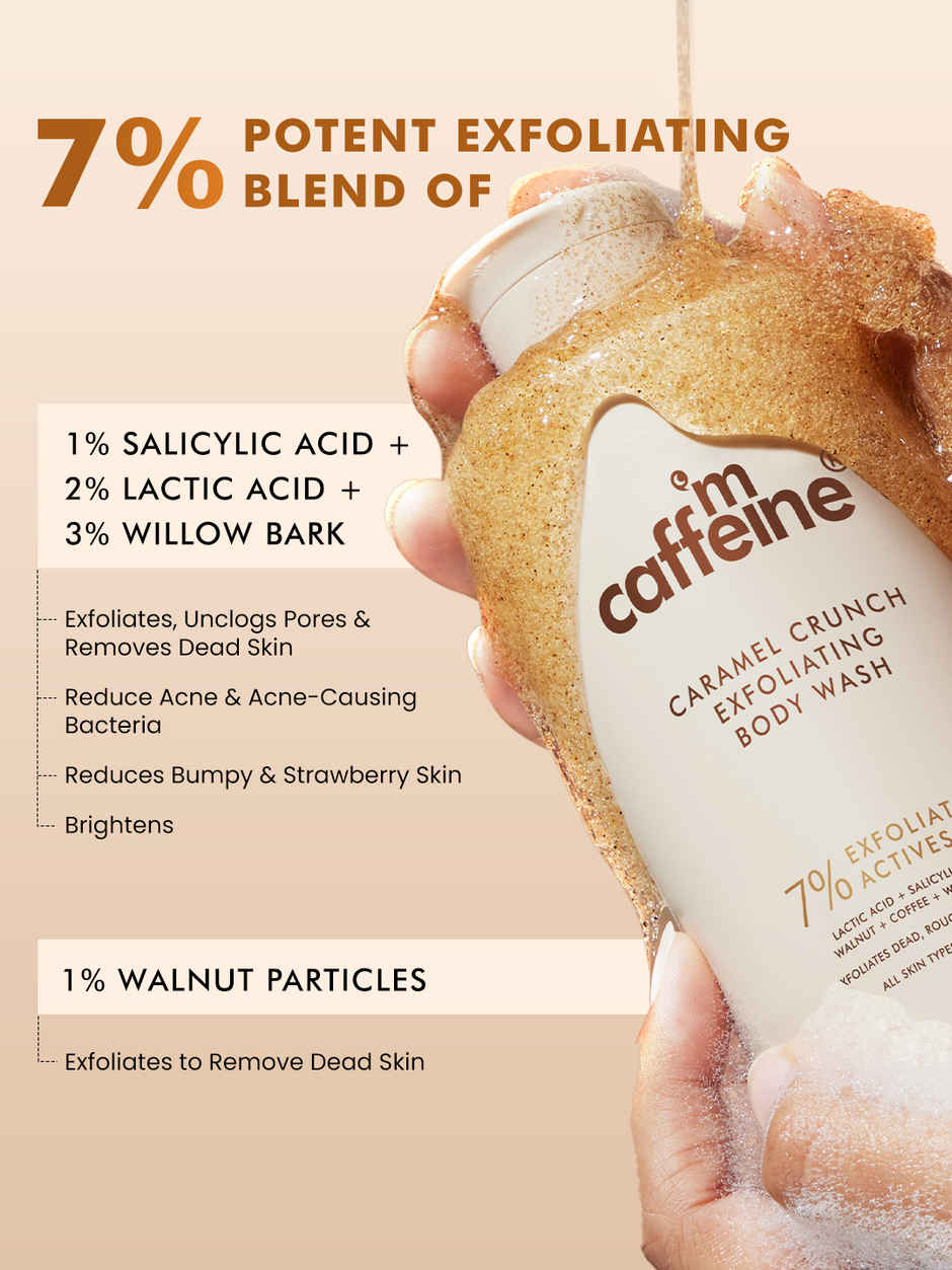 Mcaffeine Caramel Crunch 7% Exfoliating Body Wash with 1% Salicylic 2% Lactic Acid for Body Acne