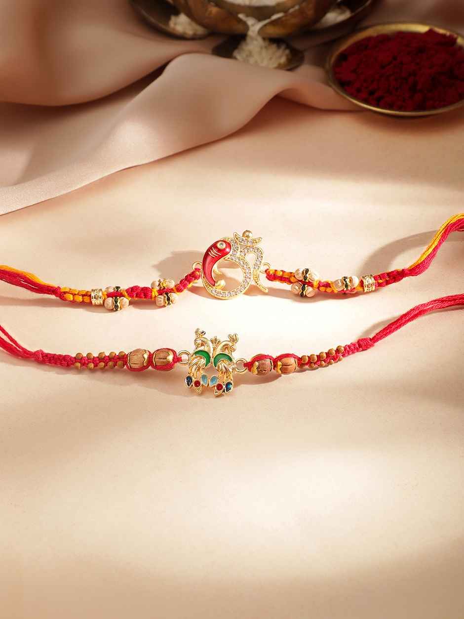 Rubans Gold Toned Set Of 2 Peacock And Om Motif Stone Studded Rakhi