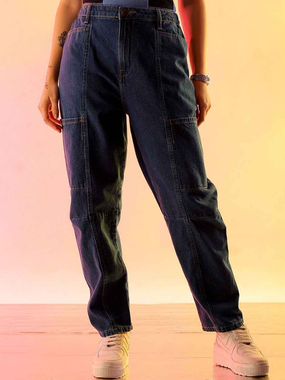 Freehand Women's High Rise Streetwear Multi Pocket Anti Fit Vintage Fit Jeans | Blue - 28
