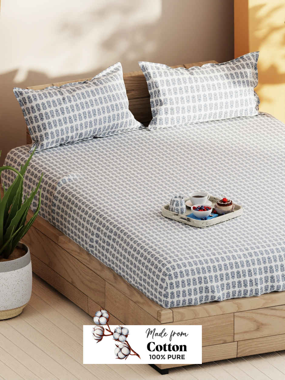 Bianca Soft 100% Natural Cotton Double Bedsheet With 2 Pillow Covers | Laquasa Floral |Indigo &Ecru