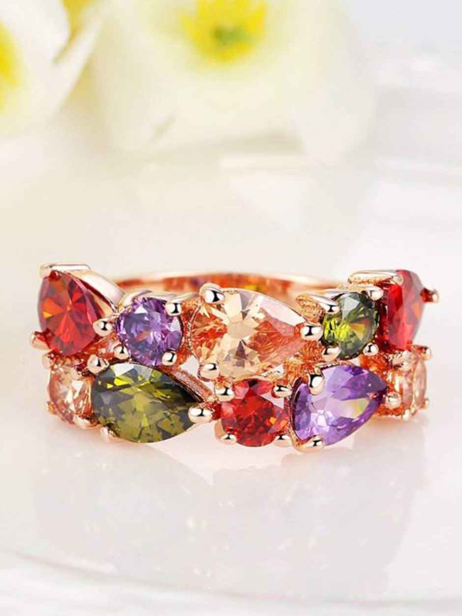 YouBella Rose Gold Plated Solitaire AAA Multicolor Crystal Ring for Women & Girls (YBRG - 20033)