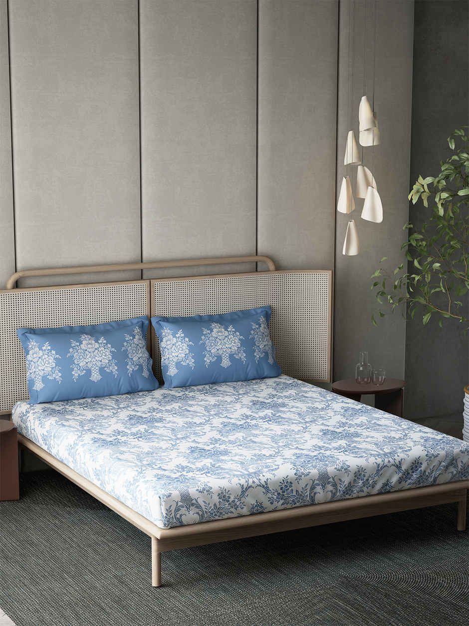 D'Decor Gifting Cotton Queen Flat Bedsheet | 145 TC Two Pillow Covers | Ethnic Blue