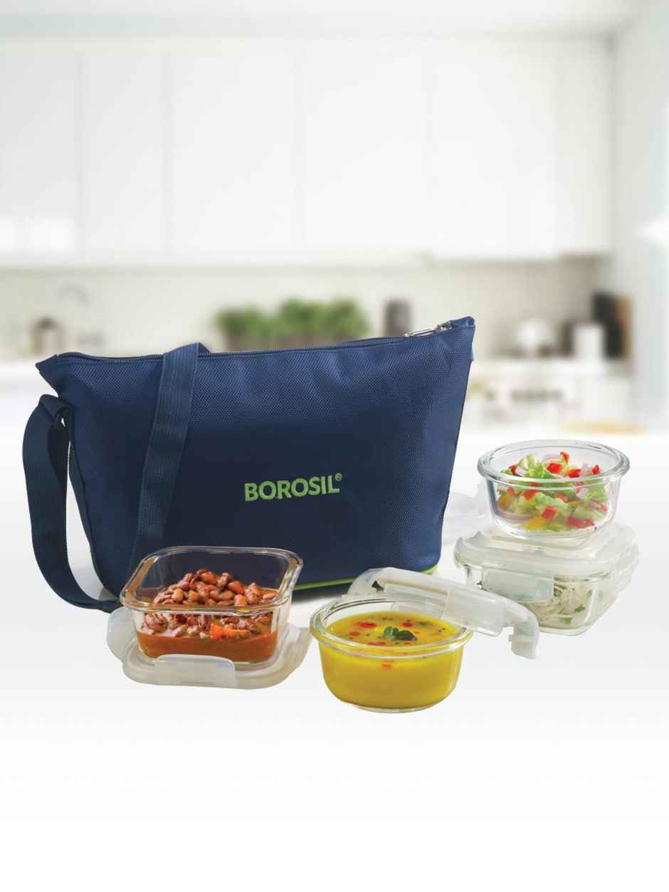 Borosil Daisy Glass Lunch Box With Bag (320ml x 2 Square + 240 ml x 2 Round)