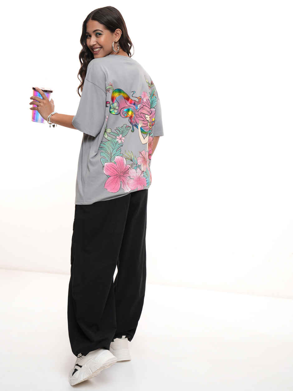 Tokyo Talkies Disney Women's Little Mermaid Glitter Oversized T-shirt | Grey - L