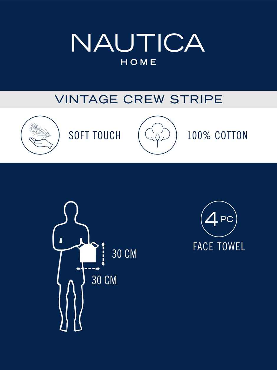 Nautica Super Soft Zero Twist 100% Cotton Towel -4pc Face Towel | Vintage Crew Stripe Solid-Coral