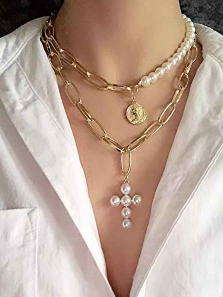 YouBella Latest Design Trendy Multi Layer Necklace Gold Plated Multi Strand for Women (YBNK - 5786)