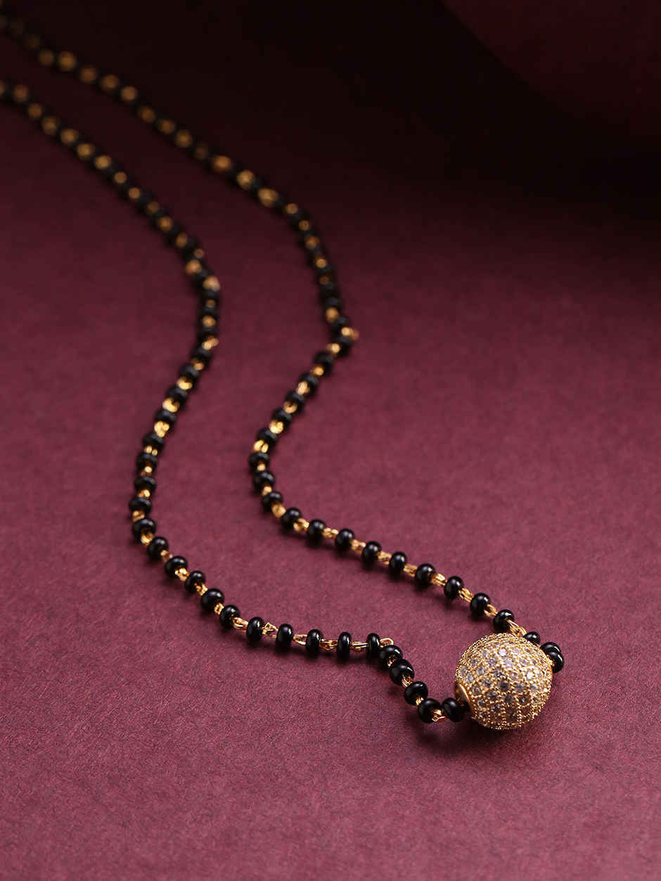Priyaasi Gold-Plated Ad Studded Spherical Pendant Black Beaded Chain Mangalsutra