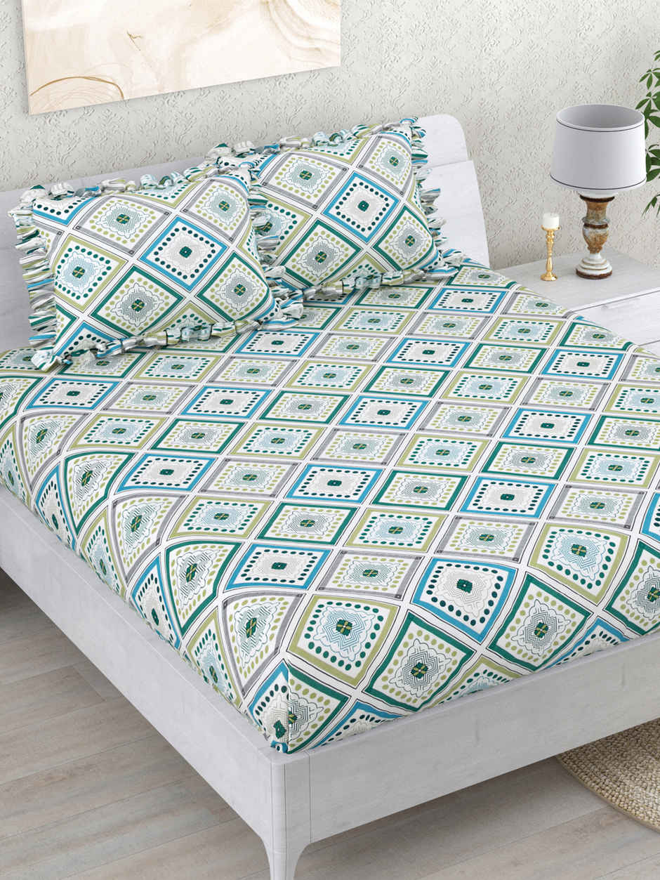 DREAM WEAVERZ Elastic Fitted Double Bedsheet | 2 Frill Pillow Covers | Polycotton | Green