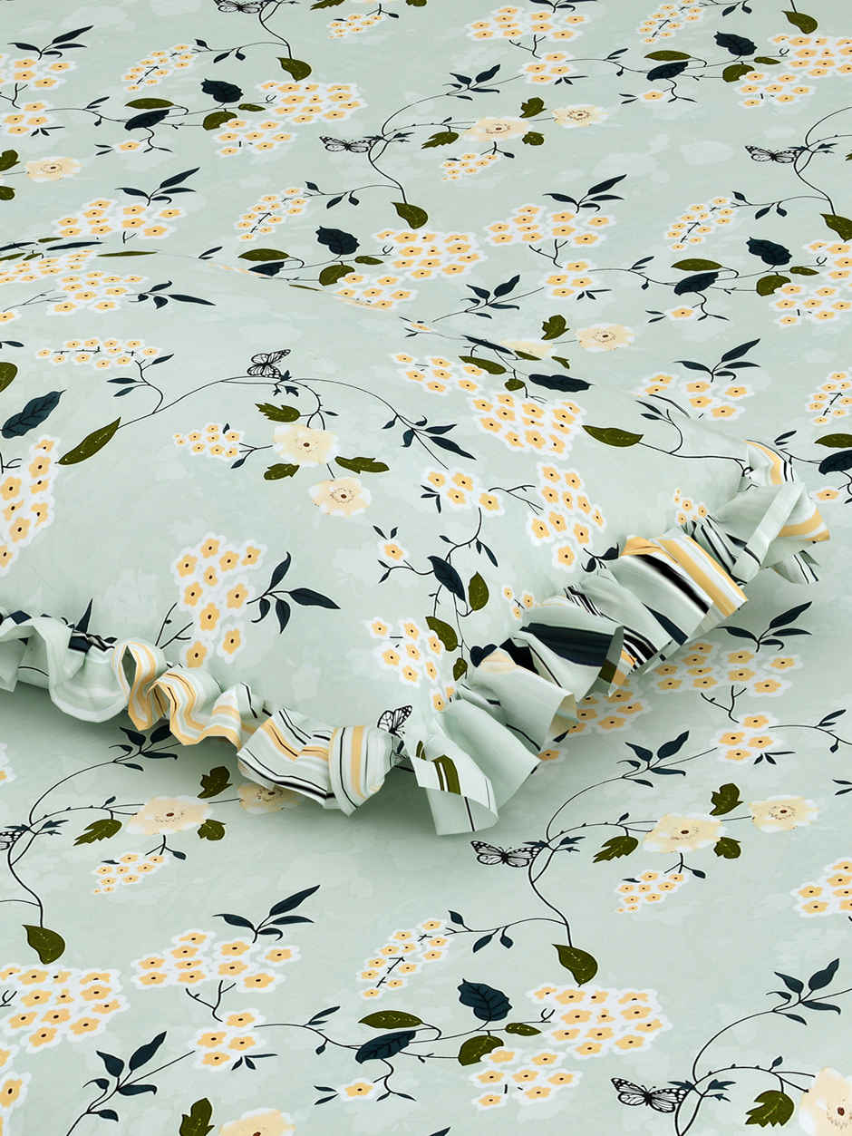 DREAM WEAVERZ Elastic Fitted Double Bedsheet | 2 Frill Pillow Covers | Polycotton | Light Green