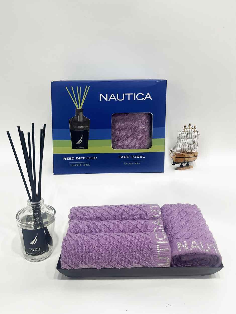 Nautica [5Pc] Fluffy Zero Twist 100% Cotton Towel -4-Face 1-Reed Diffuser | Cross View Solid-Lilac