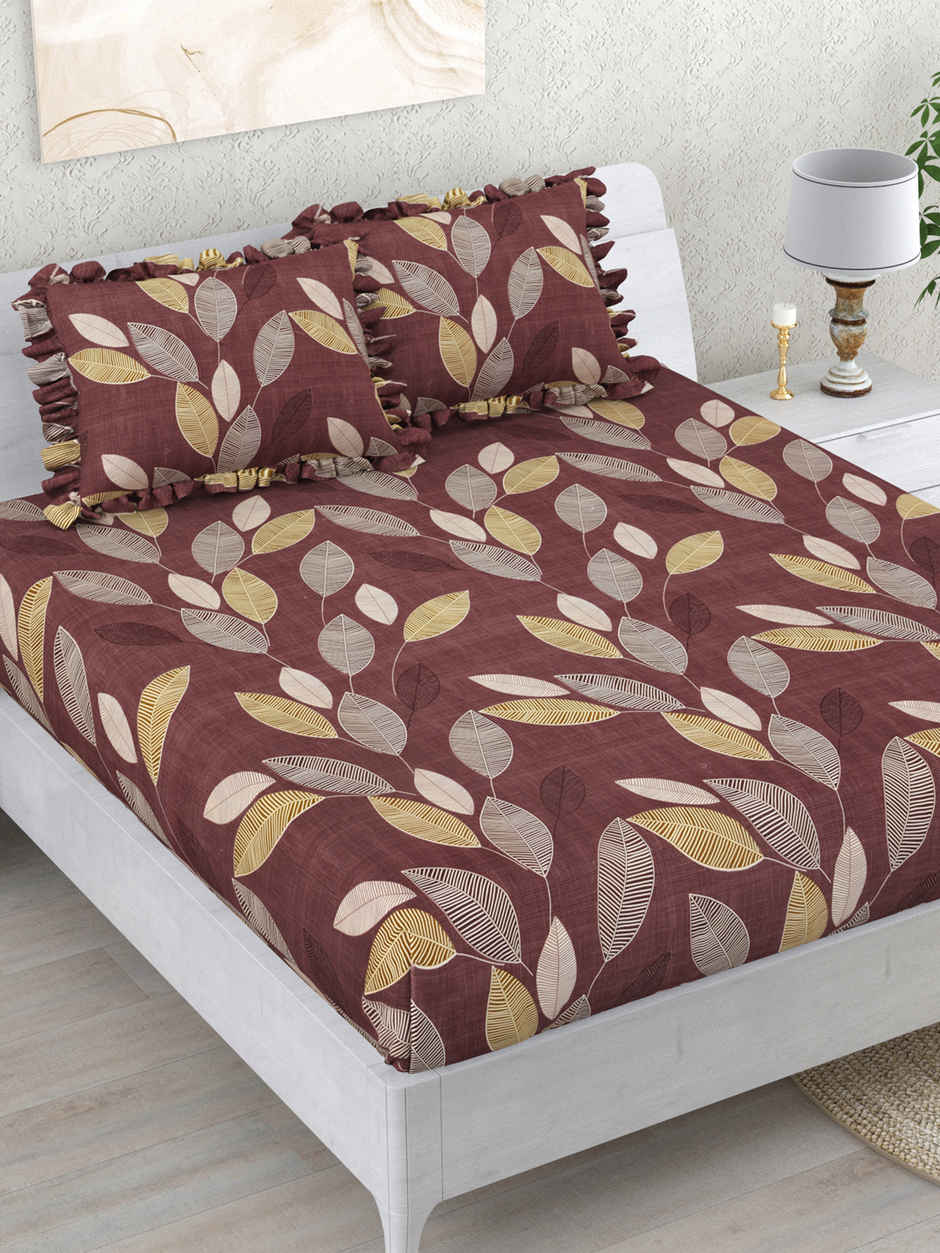 DREAM WEAVERZ Elastic Fitted Double Bedsheet | 2 Frill Pillow Covers | Polycotton | Brownish Purple