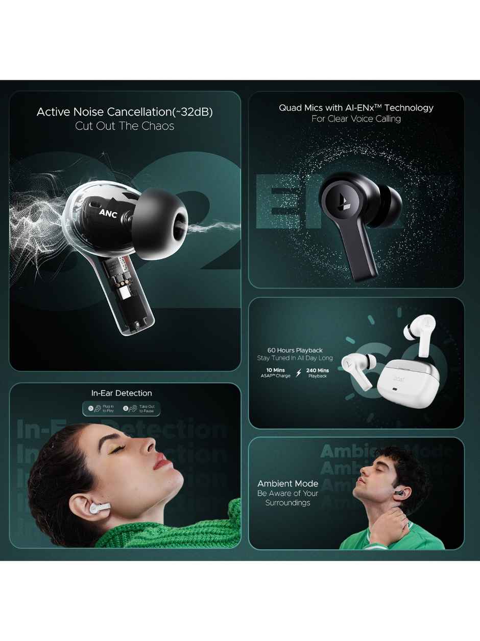 boAt Airdopes Flex 454 ANC TWS Earbuds with mic, 60HRS Battery, ANC(32dB), App Support, 4Mics ENx, Fast Charge, Dual Pairing, IPX5, v5.2 Bluetooth Earbuds - Gunmetal Black