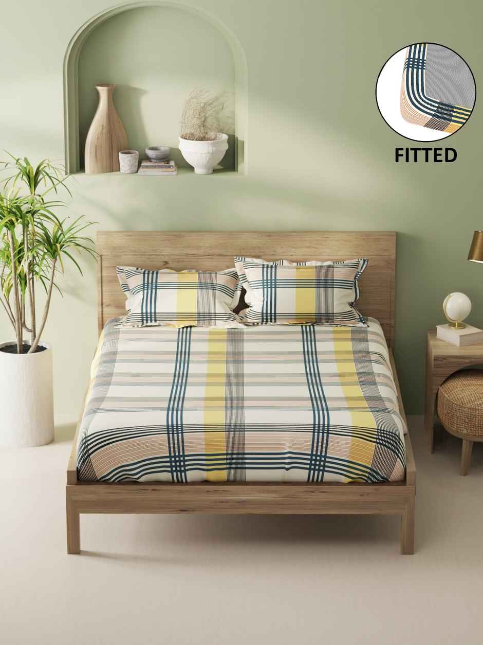 Bianca 100% Natural Cotton XL King Fitted Bedsheet 3pc Set with 2 Pillow Covers Stripe Yellow/Teal