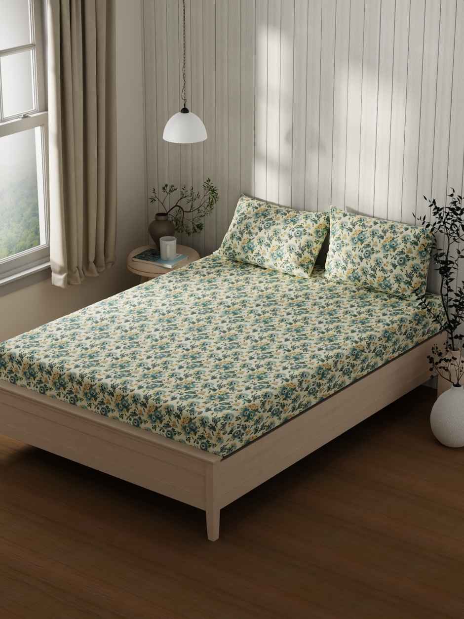 KOPA Extra Smooth Cotton Double Bedsheet With 2 Pillow Covers | Lopez Floral | Aqua & Multi