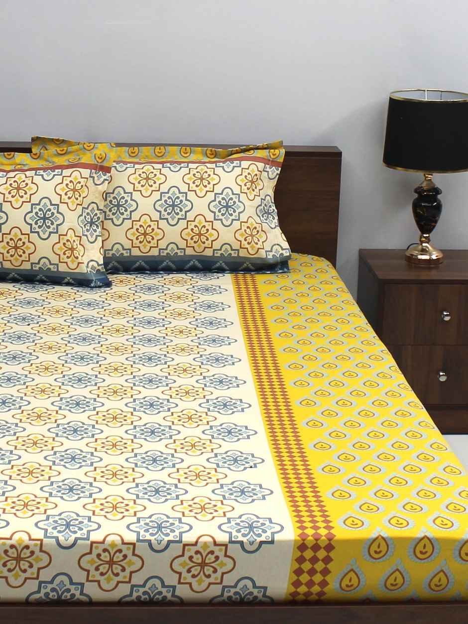 Bombay Dyeing Ivyrose 110 Tc 100% Cotton Queen Bedsheet With 2 Pillow Covers - Yellow Grey