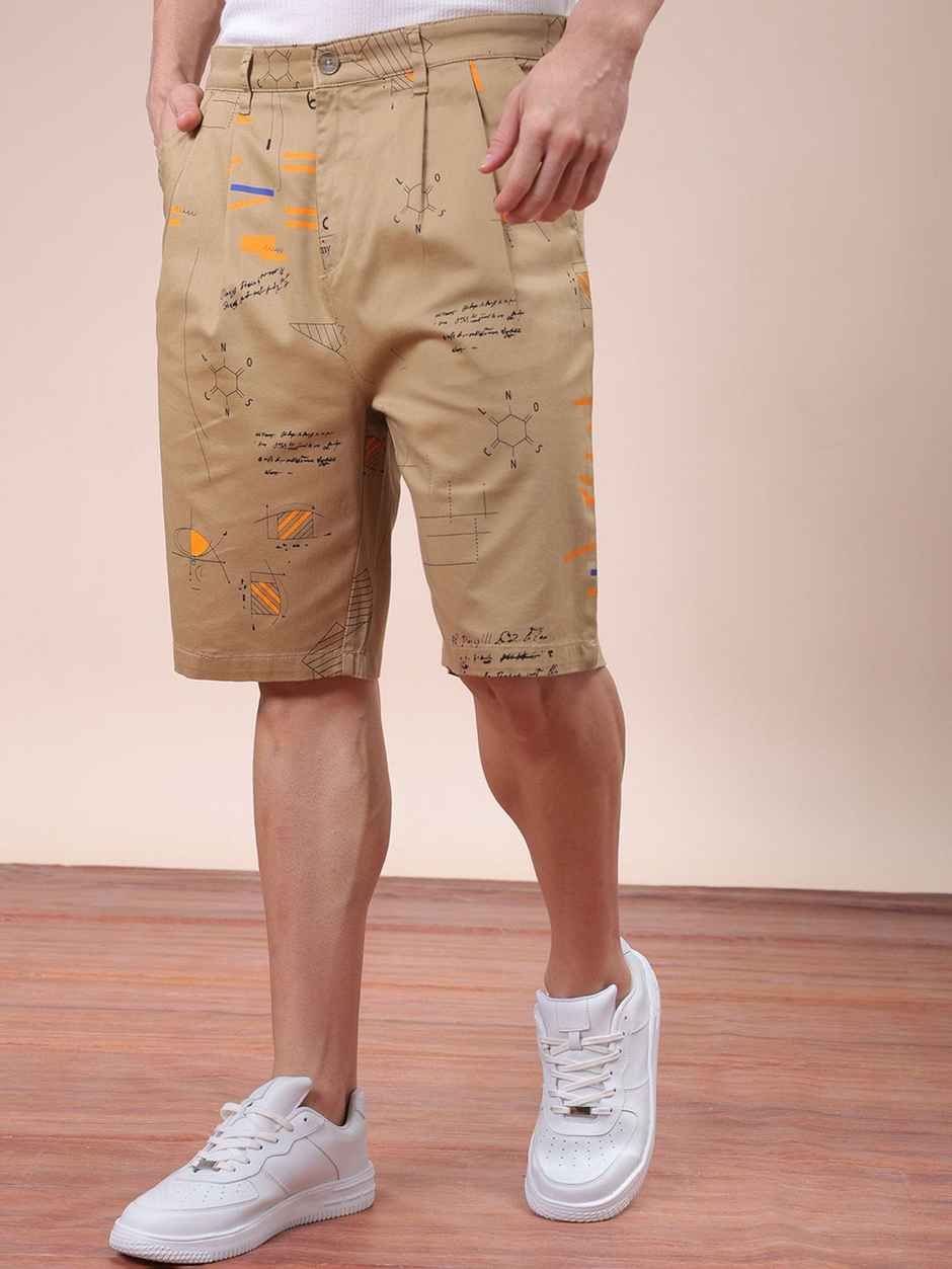 The Indian Garage Co Men s | Relaxed Fit Face Print Casual Pleated Shorts | Beige | 30