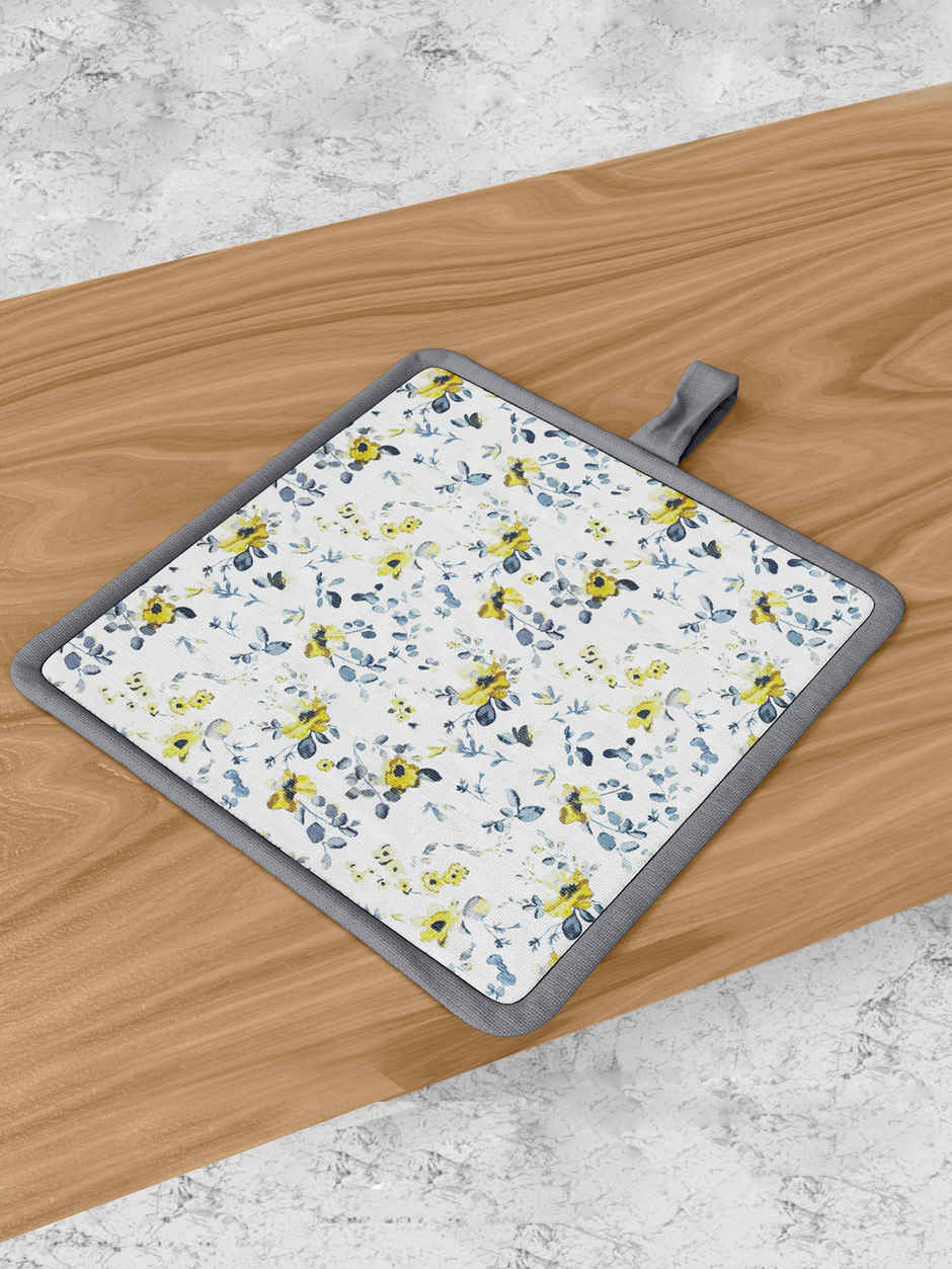 Bianca Premium Printed Cotton Apron, Oven Mitt, Pot Holder Set | Florence Floral | Yellow & Grey