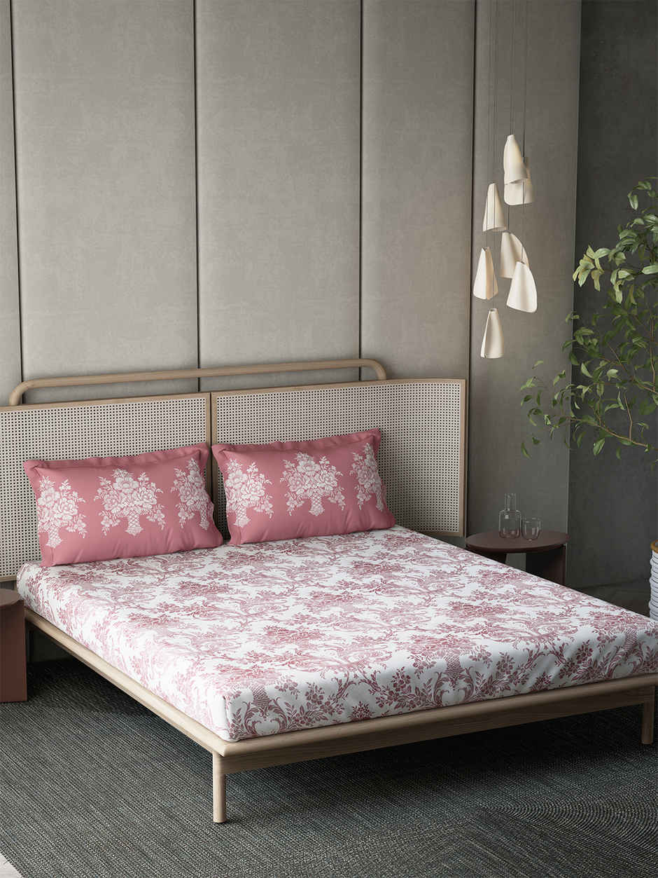 D'Decor Gifting Cotton Queen Flat Bedsheet | 145 TC Two Pillow Covers | Ethnic Pink