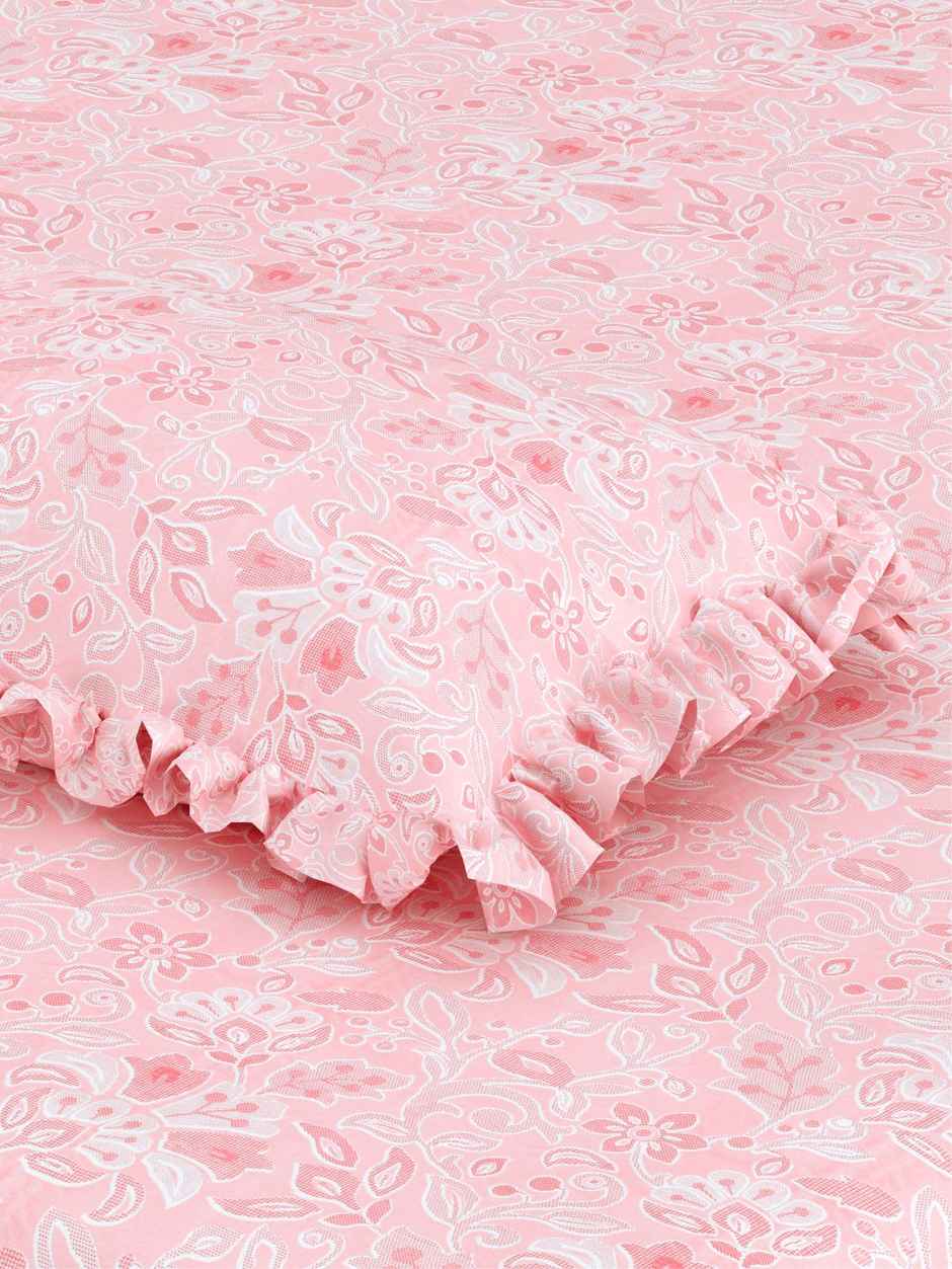 DREAM WEAVERZ Elastic Fitted Double Bedsheet | 2 Frill Pillow Covers | Polycotton | Pink