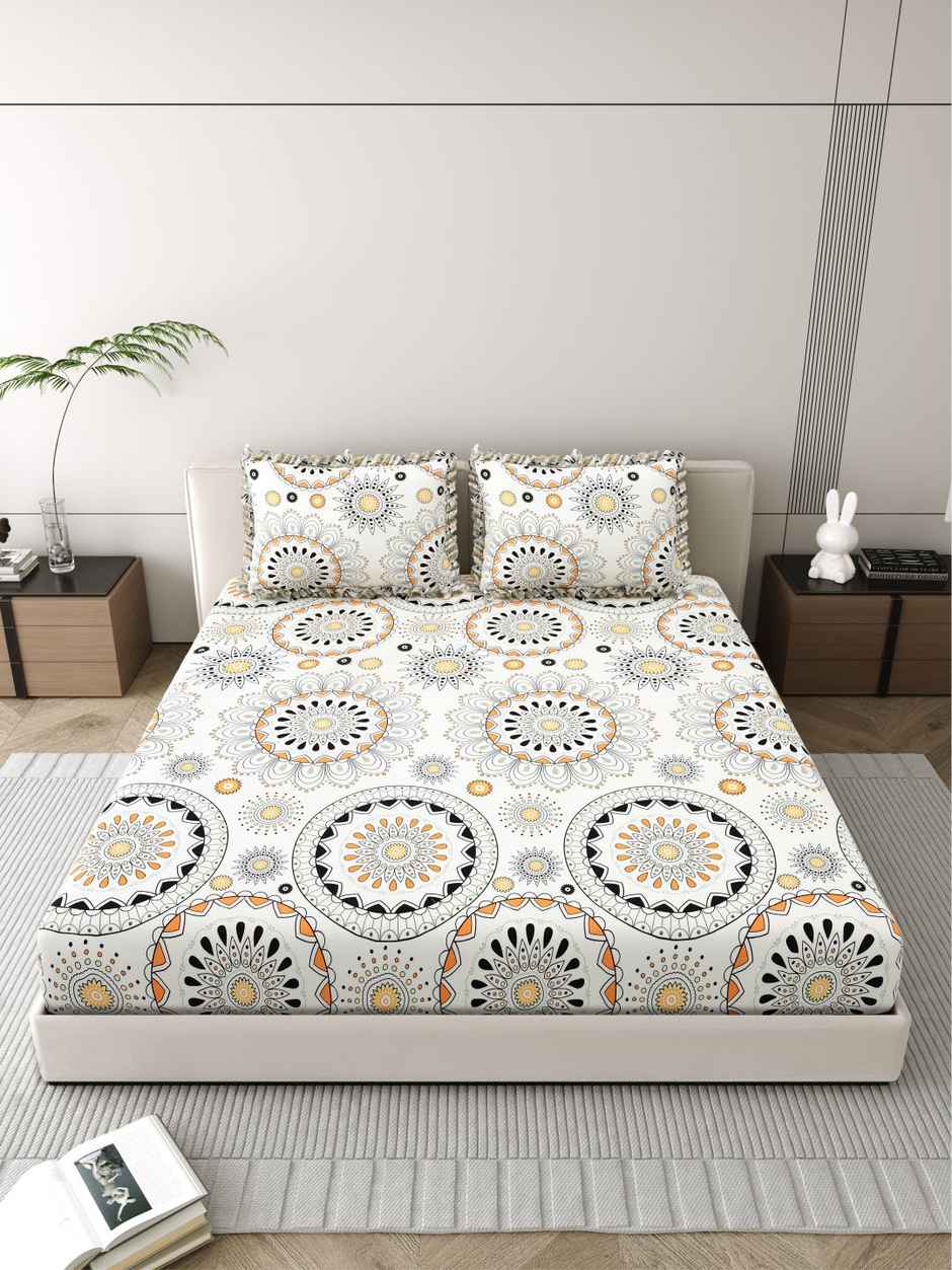 DREAM WEAVERZ Elastic Fitted Double Bedsheet | 2 Frill Pillow Covers | Polycotton | Cream Yellow