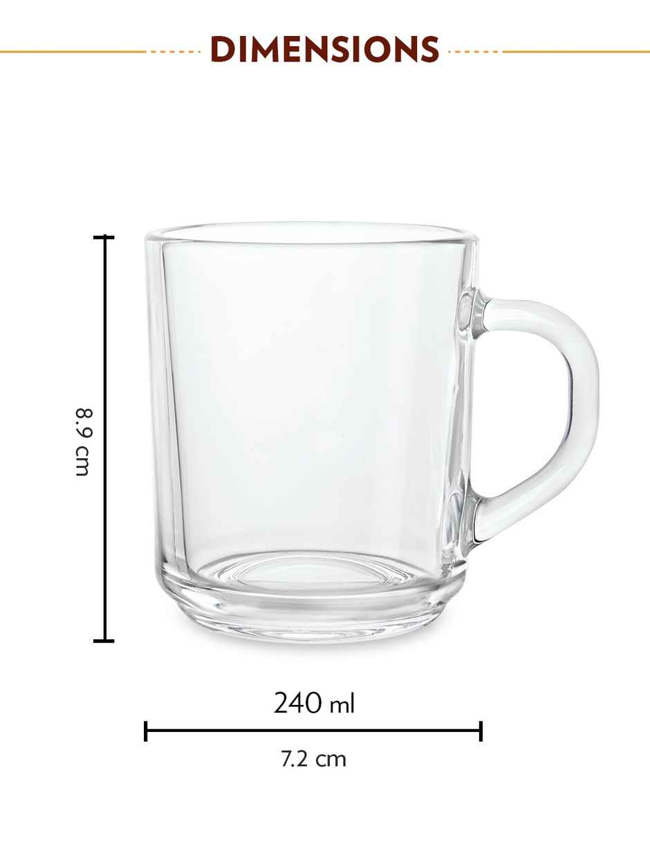 Borosil Latte 240 ml 6Pc Tea - Coffee Mug Set, Borosilicate Tuff Glass