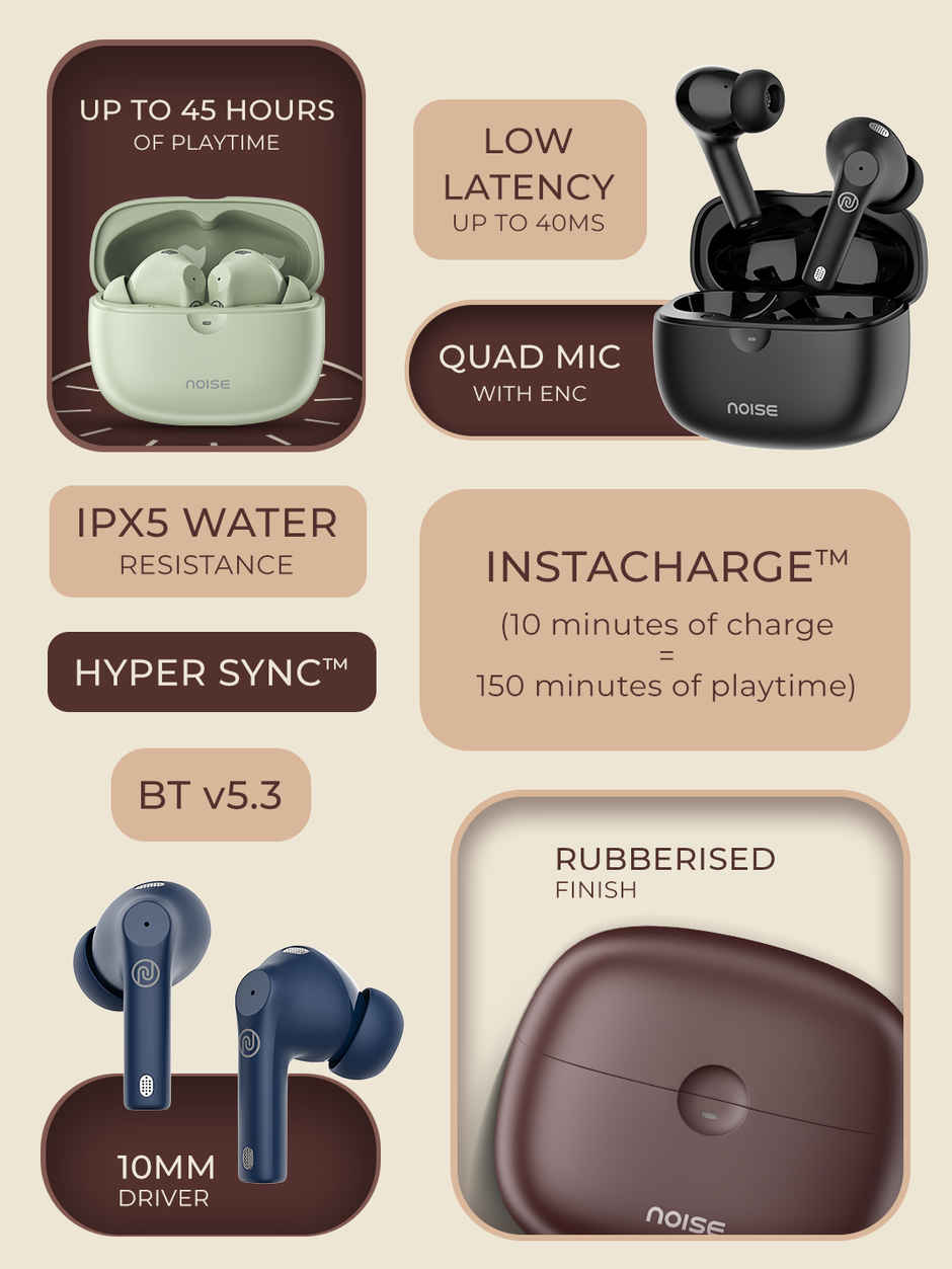 Noise Buds Nero TWS Earbuds with Rubberised Finish, Quad Mic ENC & 45H Playtime, IPX5 Water Resistance - Deep Wine