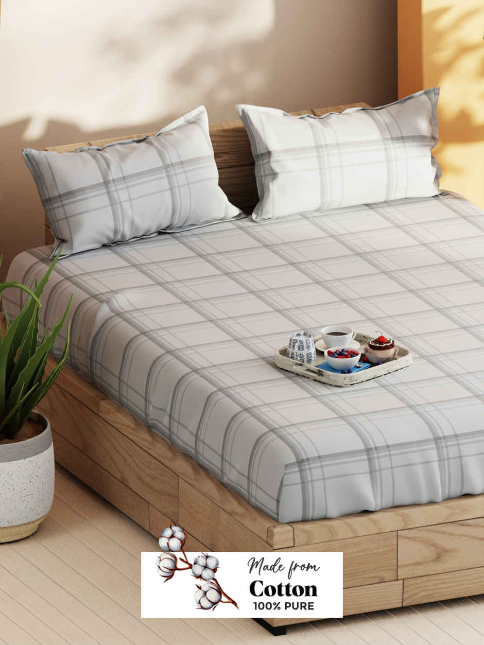 Bianca Soft 100% Natural Cotton Double Bedsheet With 2 Pillow Covers | Laquasa Checks | Stone