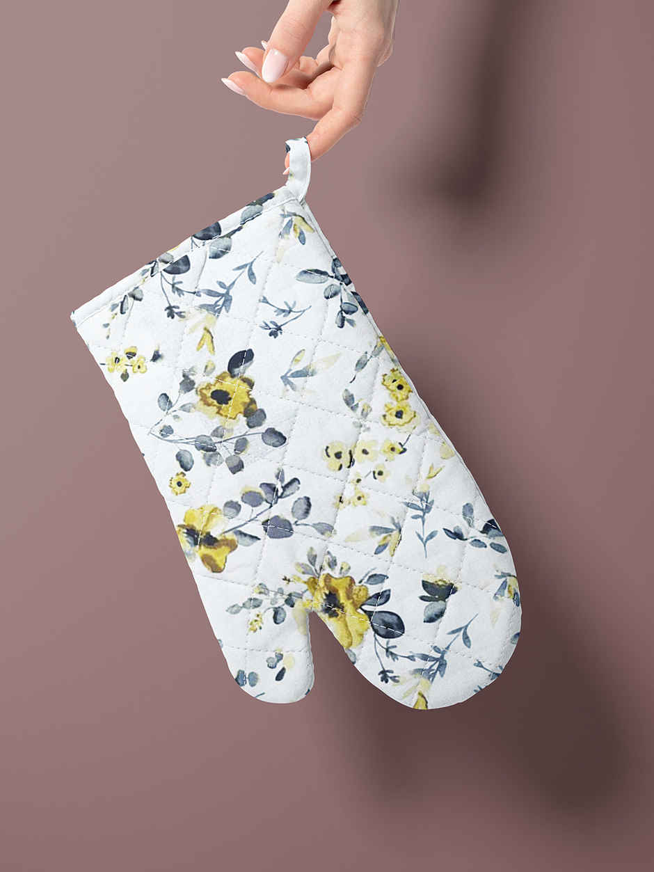 Bianca Premium Printed Cotton Apron, Oven Mitt, Pot Holder Set | Florence Floral | Yellow & Grey