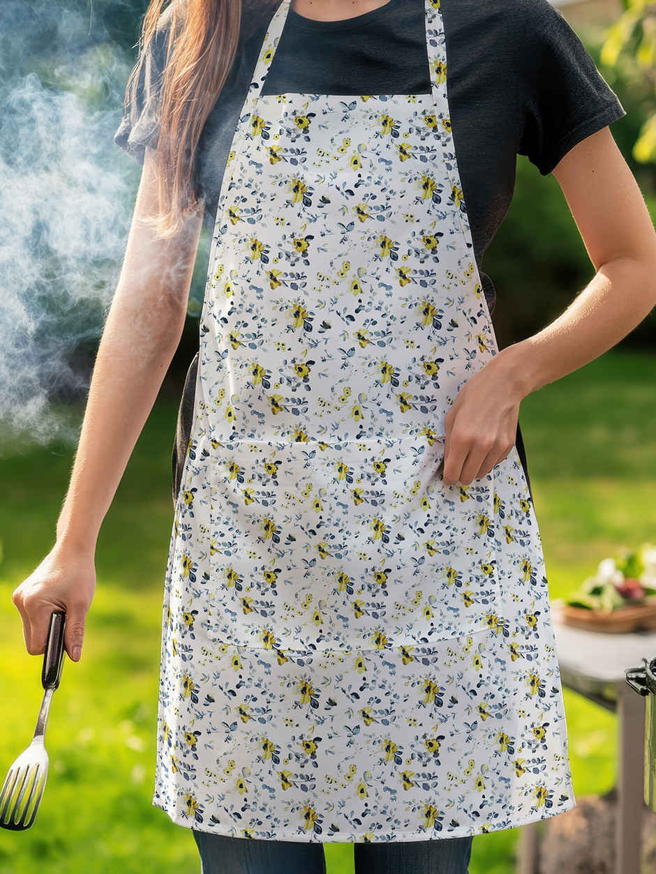 Bianca Premium Printed Cotton Apron, Oven Mitt, Pot Holder Set | Florence Floral | Yellow & Grey
