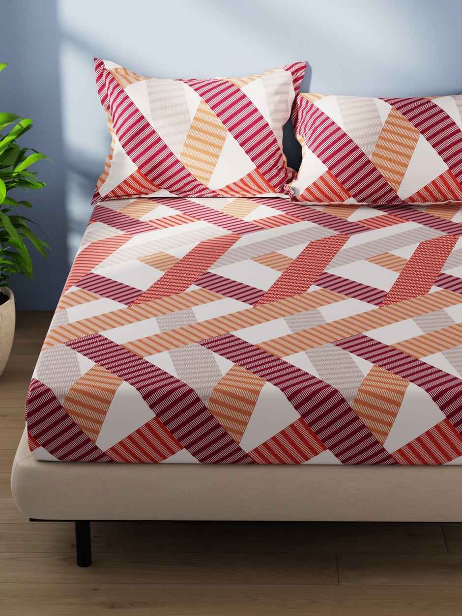 Bianca Cotton Double Bedsheet With 2 Pillow Covers 3pc Set | Serina Geometric - Rust/Multi