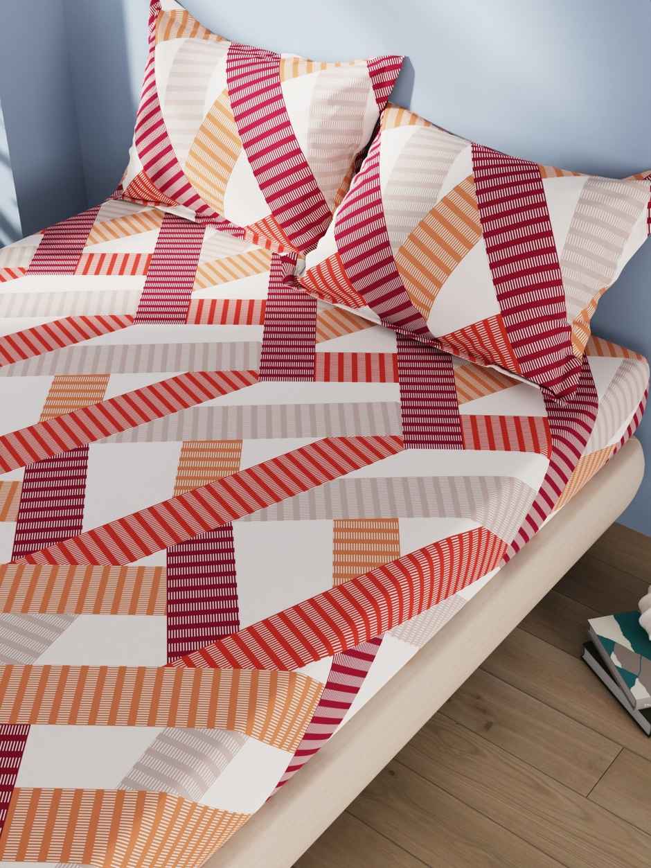 Bianca Cotton Double Bedsheet With 2 Pillow Covers 3pc Set | Serina Geometric - Rust/Multi