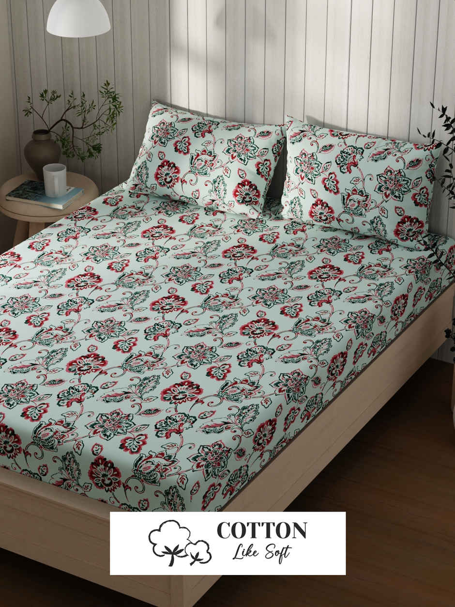 KOPA Extra Smooth Cotton Double Bedsheet With 2 Pillow Covers | Lopez Floral | Blue & Pink
