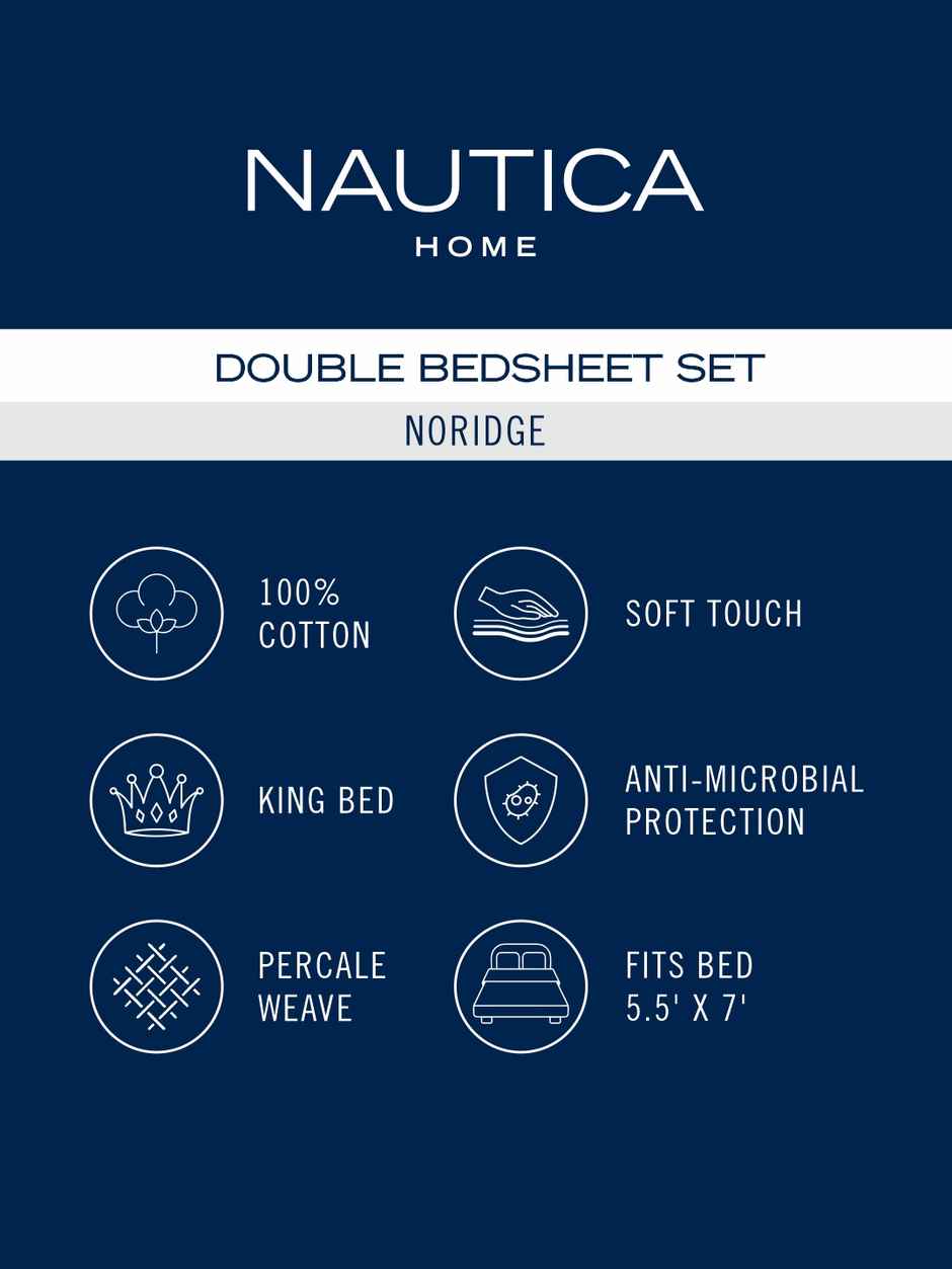 NAUTICA 100% Premium Cotton King Bedsheet With 2 Pillow Covers | Noridge Stripe | Blue