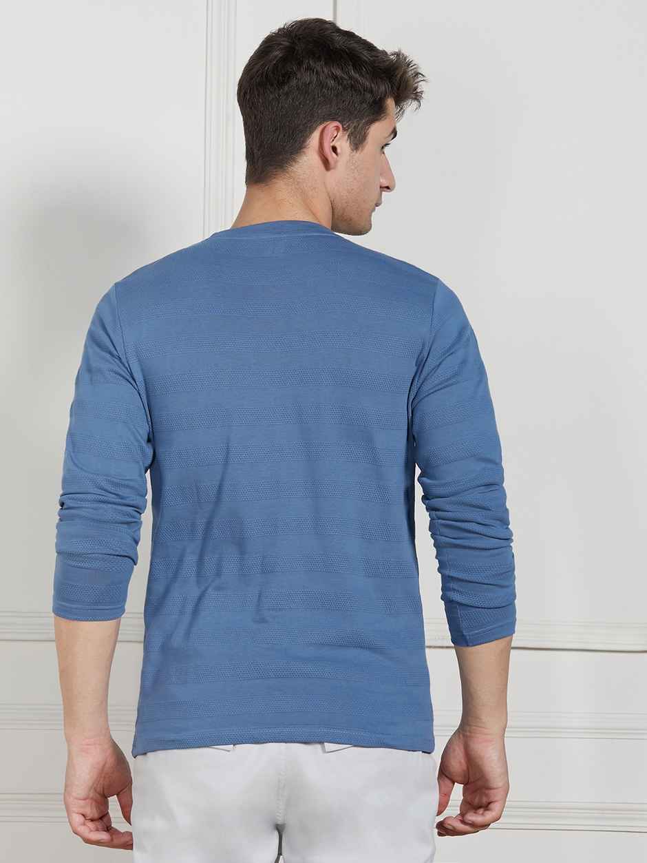 Dennis Lingo Men's Textured Henley Neck Cotton Regular Fit T-shirt | Mid Blue | L