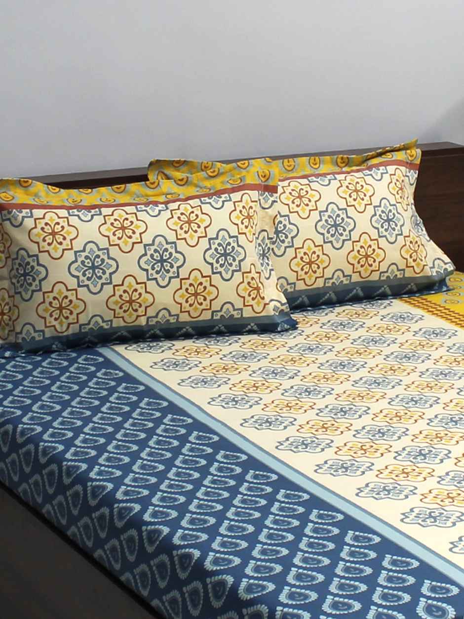 Bombay Dyeing Ivyrose 110 Tc 100% Cotton Queen Bedsheet With 2 Pillow Covers - Yellow Grey
