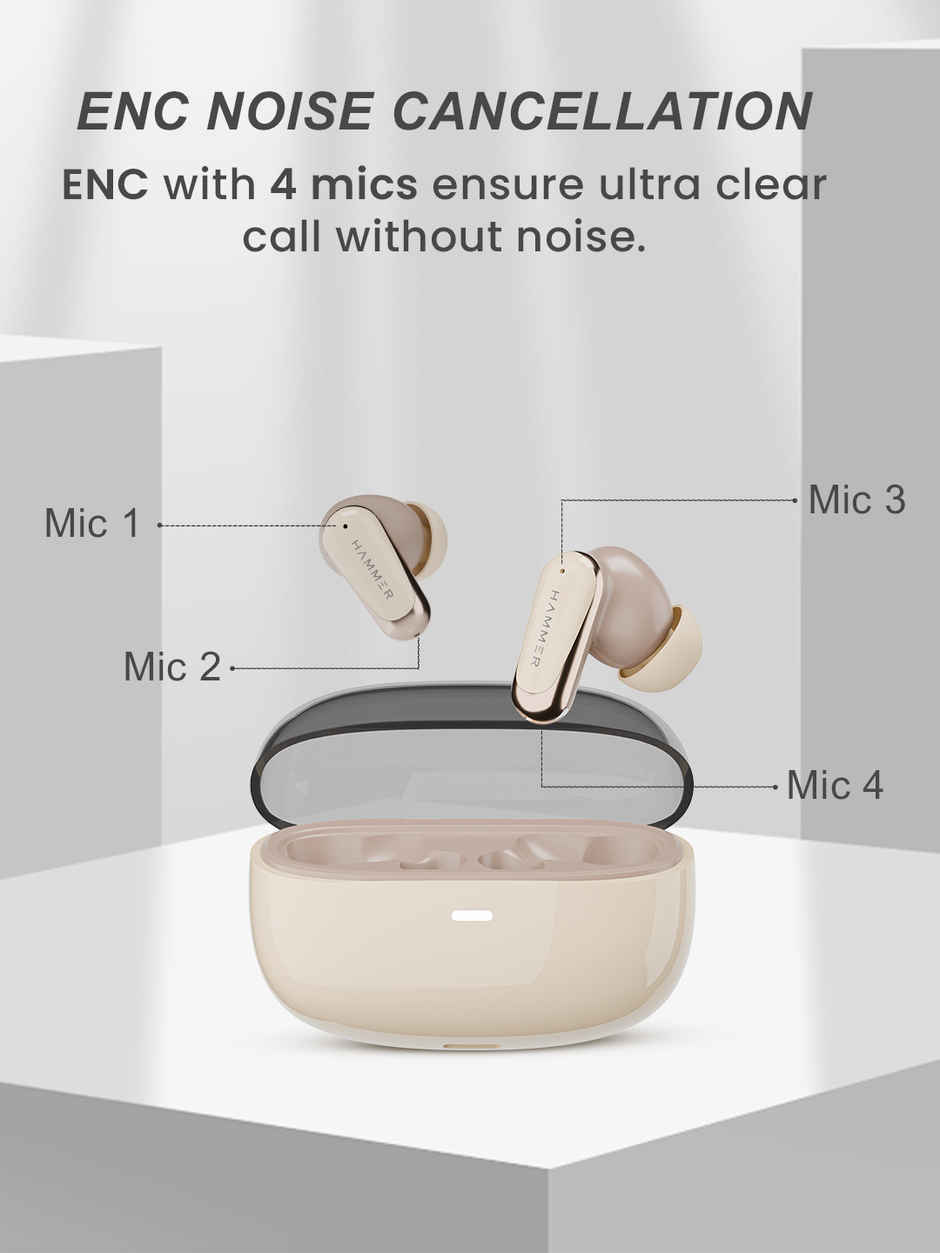 Hammer Aura Wireless Earbuds | 32dB ANC Noise Cancellation | TWS with 4-Mic ENC | Beige
