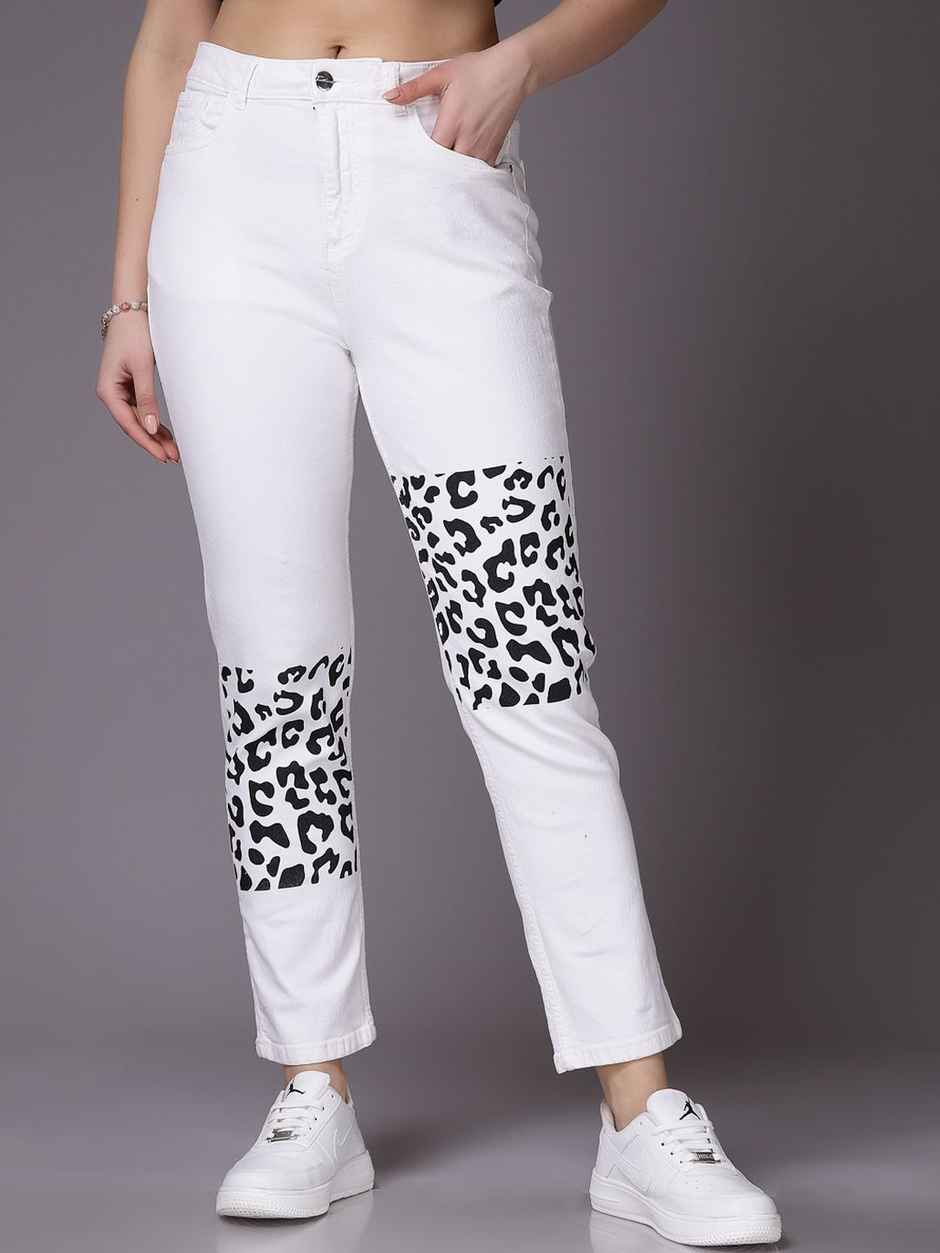 Freehand Women's Printed Straight Fit Denim Jeans | White - 34