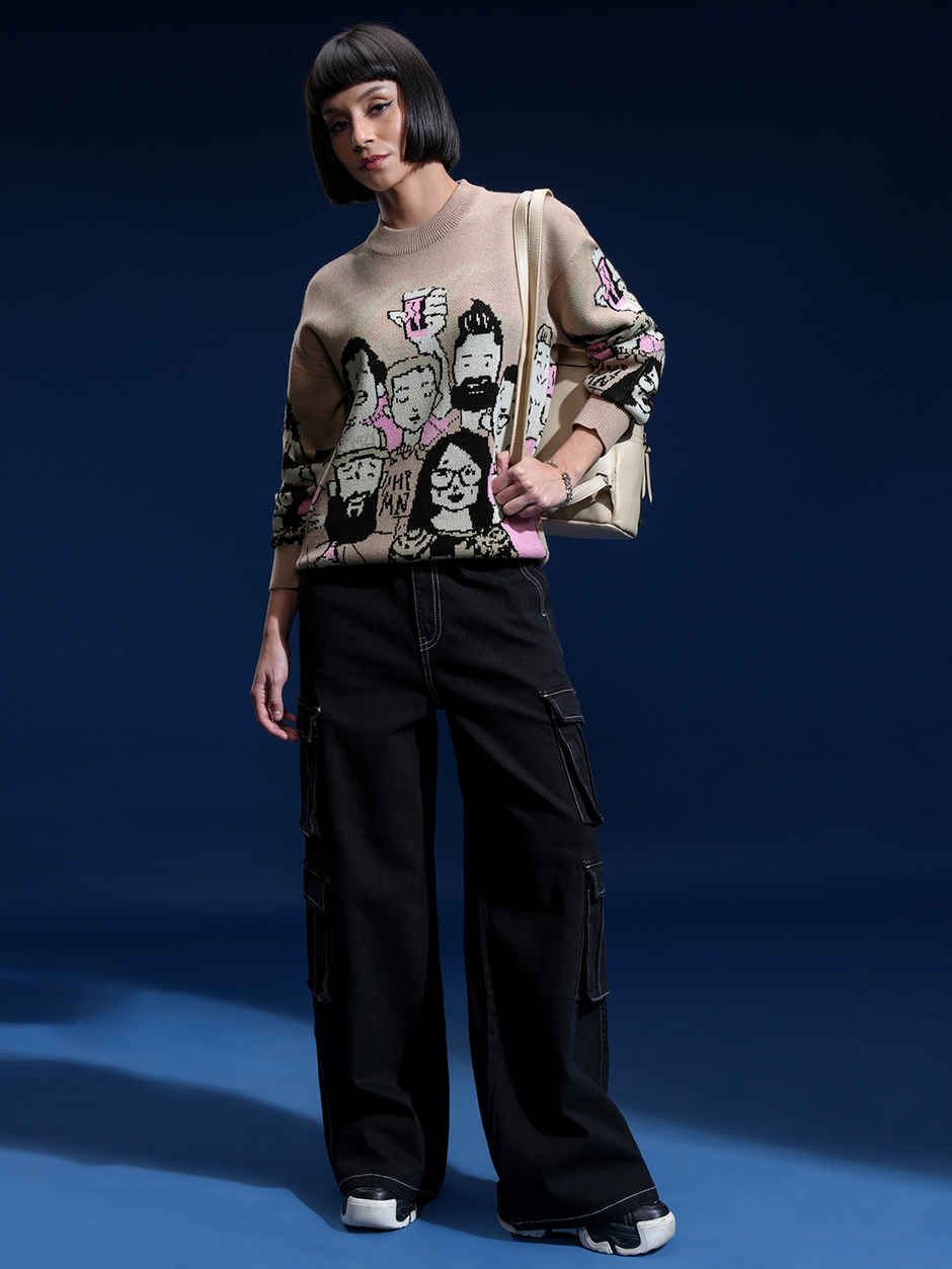 Tokyo Talkies Women's Round Neck Jacquard Printed Sweater | Warm Taupe - S