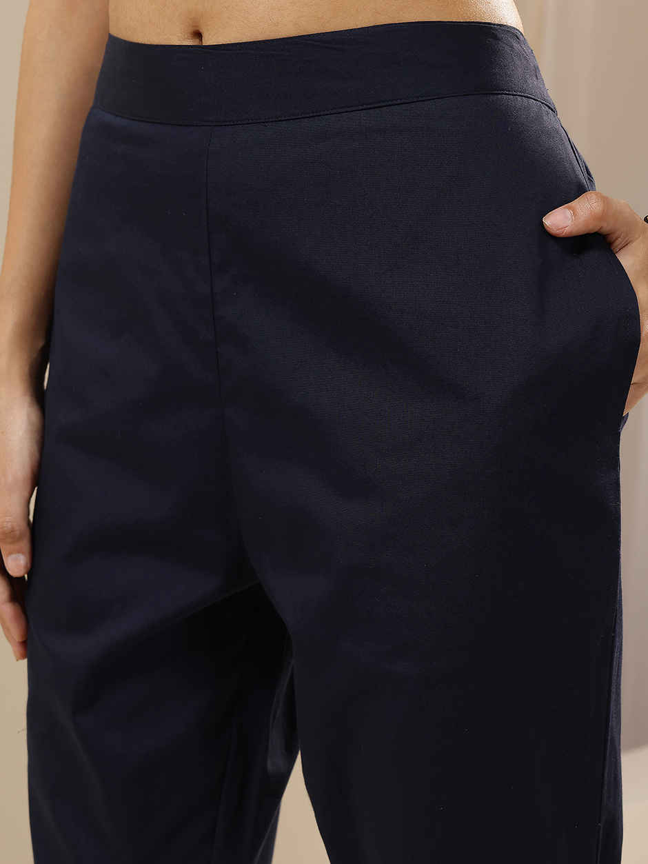 Libas Women's Self Design Cotton Trousers | PL1641 | Blue - M