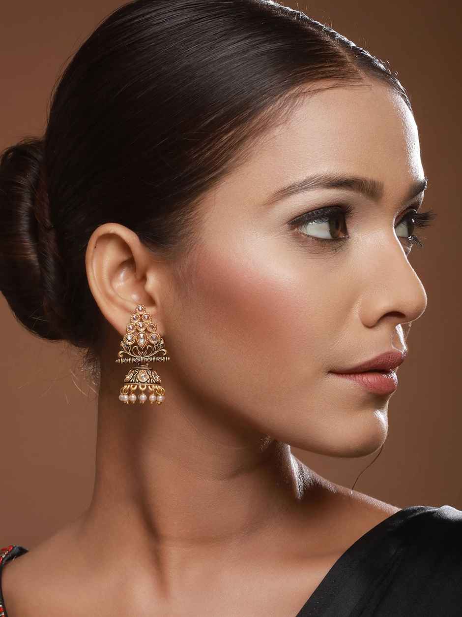 Aatmana Gold-Plated Kundan Studded Triangular Shaped Jhumka Earrings